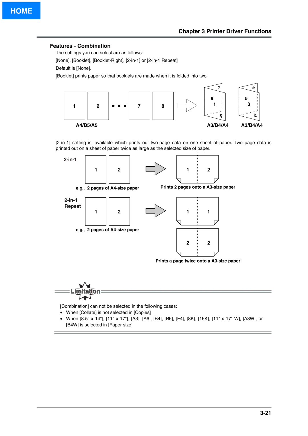 Konica Minolta IP-511 manual Features Combination, A4/B5/A5 A3/B4/A4 A3/B4/A4 