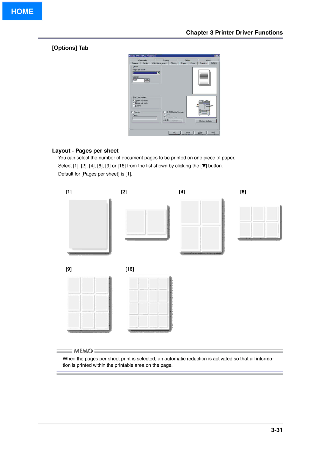 Konica Minolta IP-511 manual Options Tab Layout Pages per sheet 