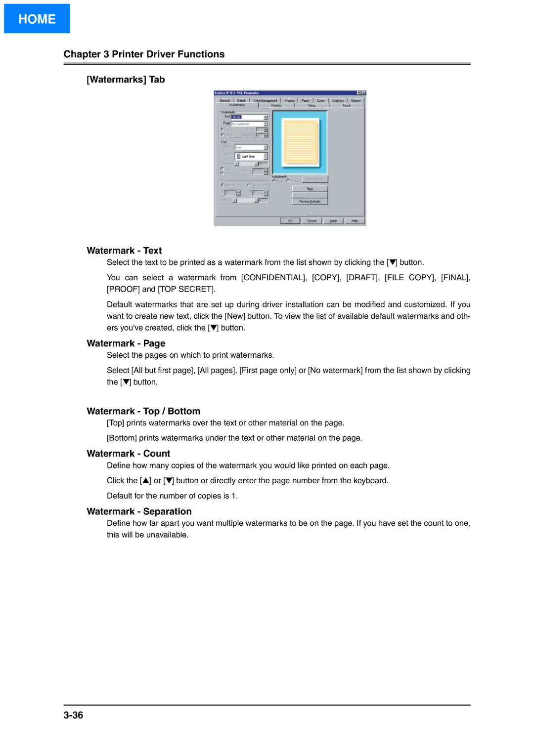 Konica Minolta IP-511 manual Watermarks Tab Watermark Text, Watermark Top / Bottom, Watermark Count, Watermark Separation 