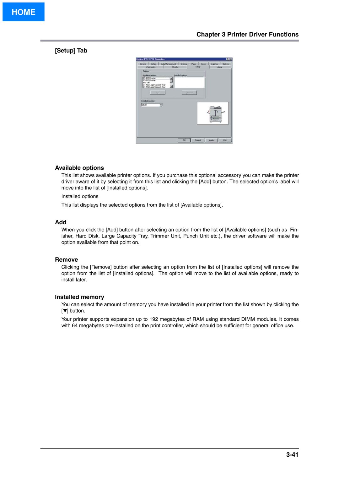 Konica Minolta IP-511 manual Setup Tab Available options, Add, Remove, Installed memory 