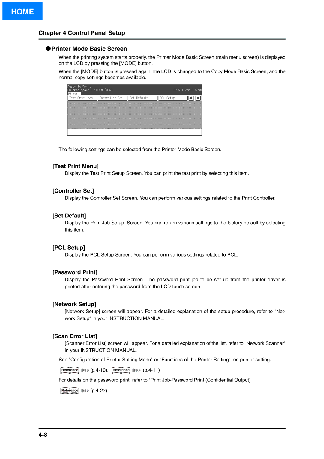 Konica Minolta IP-511 manual Control Panel Setup Printer Mode Basic Screen 