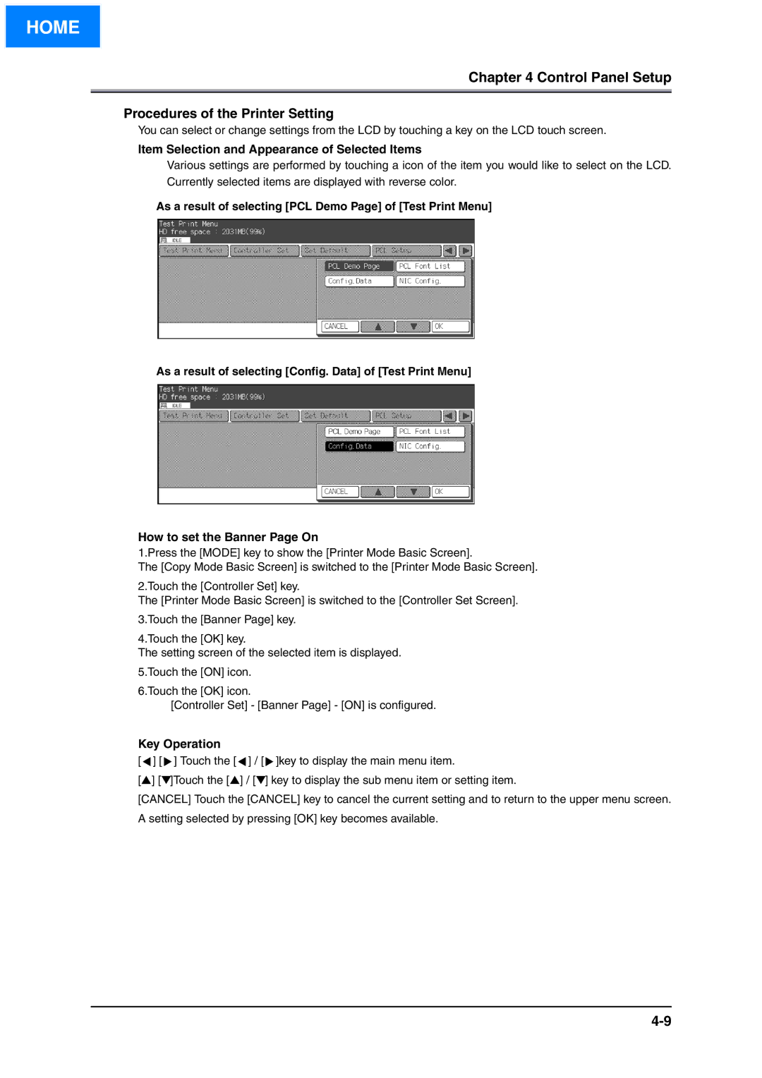 Konica Minolta IP-511 Procedures of the Printer Setting, Item Selection and Appearance of Selected Items, Key Operation 