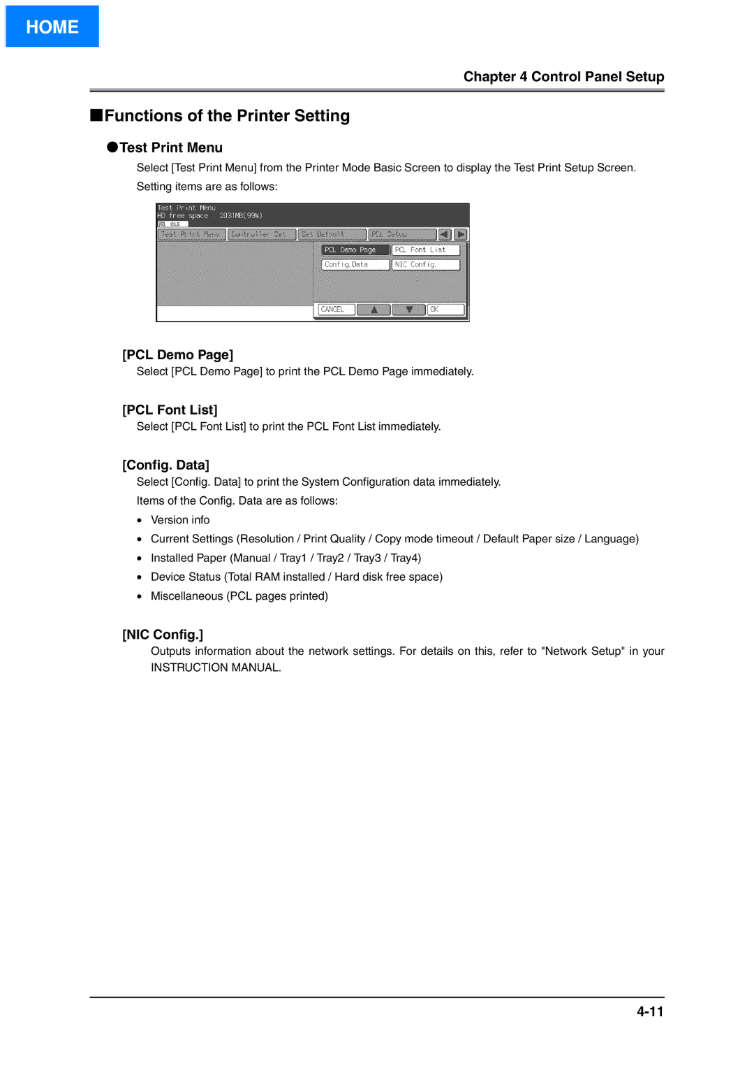 Konica Minolta IP-511 manual Test Print Menu, PCL Demo, PCL Font List, Config. Data, NIC Config 