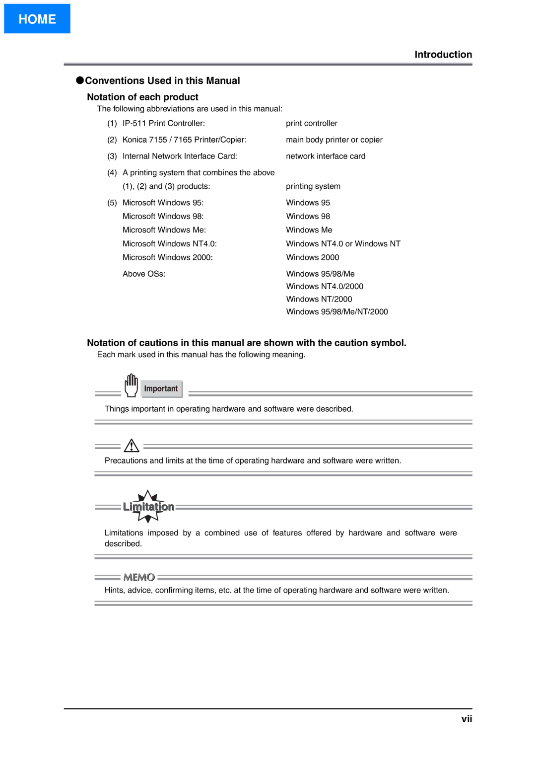 Konica Minolta IP-511 manual Introduction Conventions Used in this Manual, Vii, Notation of each product 