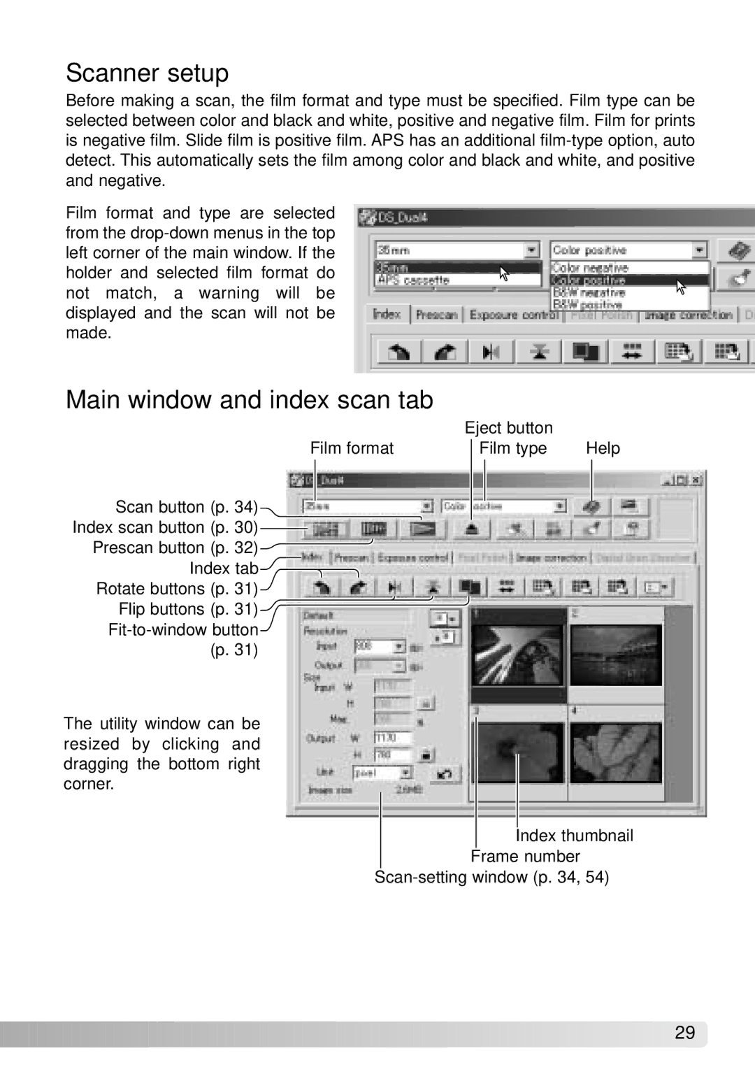 Konica Minolta IV instruction manual Scanner setup, Main window and index scan tab 