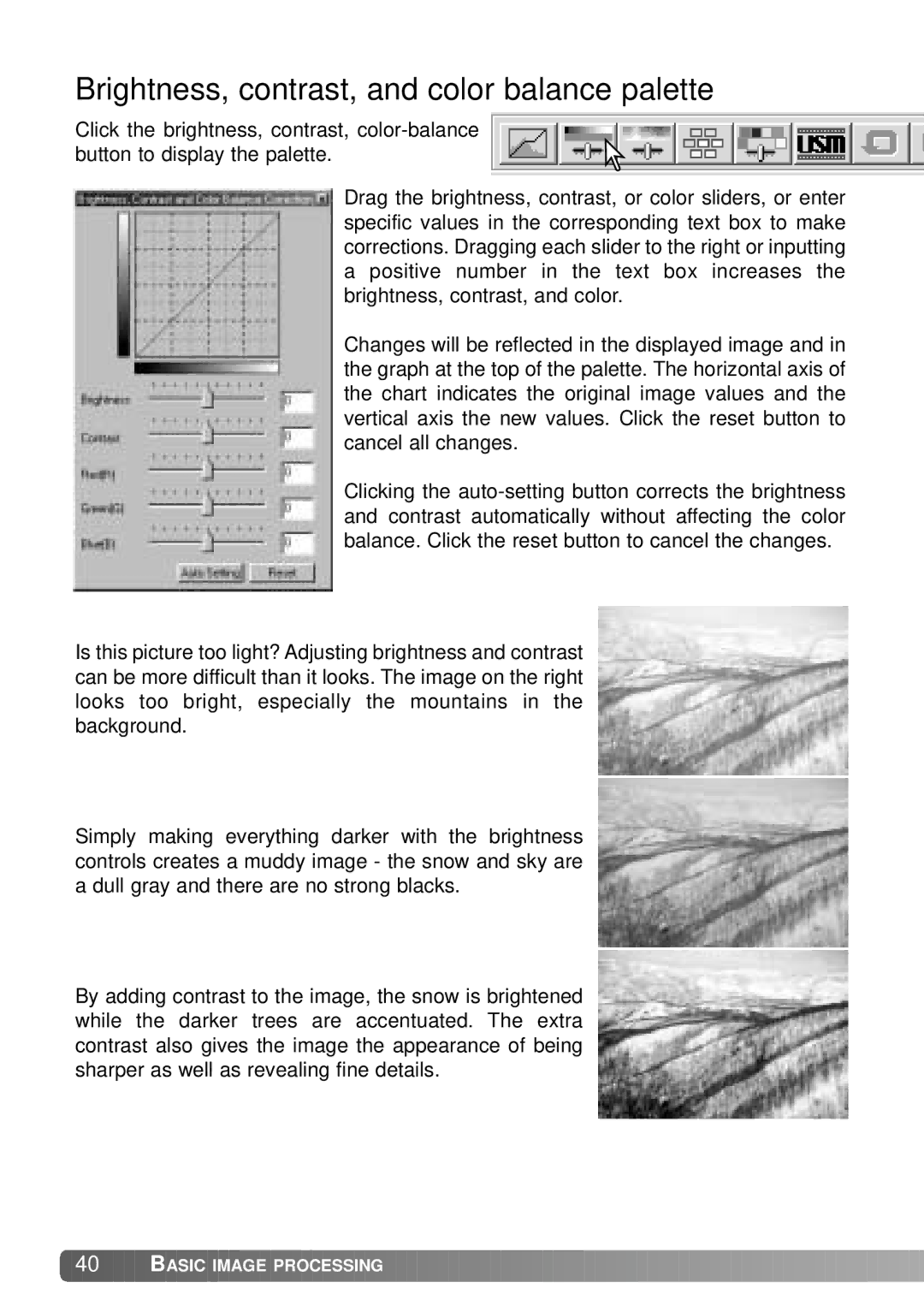 Konica Minolta IV instruction manual Brightness, contrast, and color balance palette 