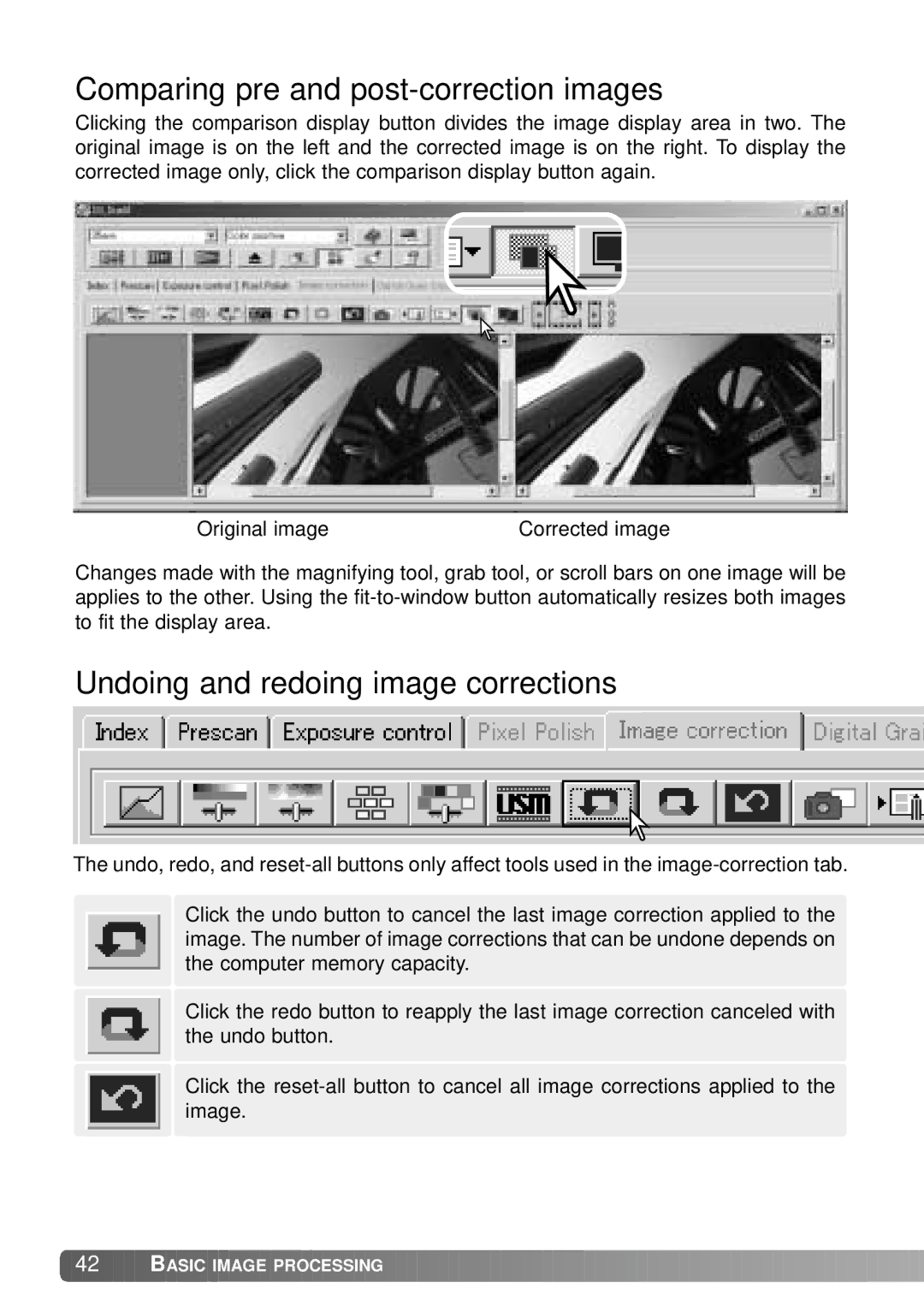 Konica Minolta IV instruction manual Comparing pre and post-correction images, Undoing and redoing image corrections 