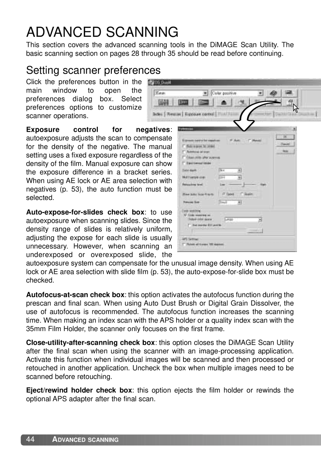 Konica Minolta IV instruction manual Advanced Scanning, Setting scanner preferences 