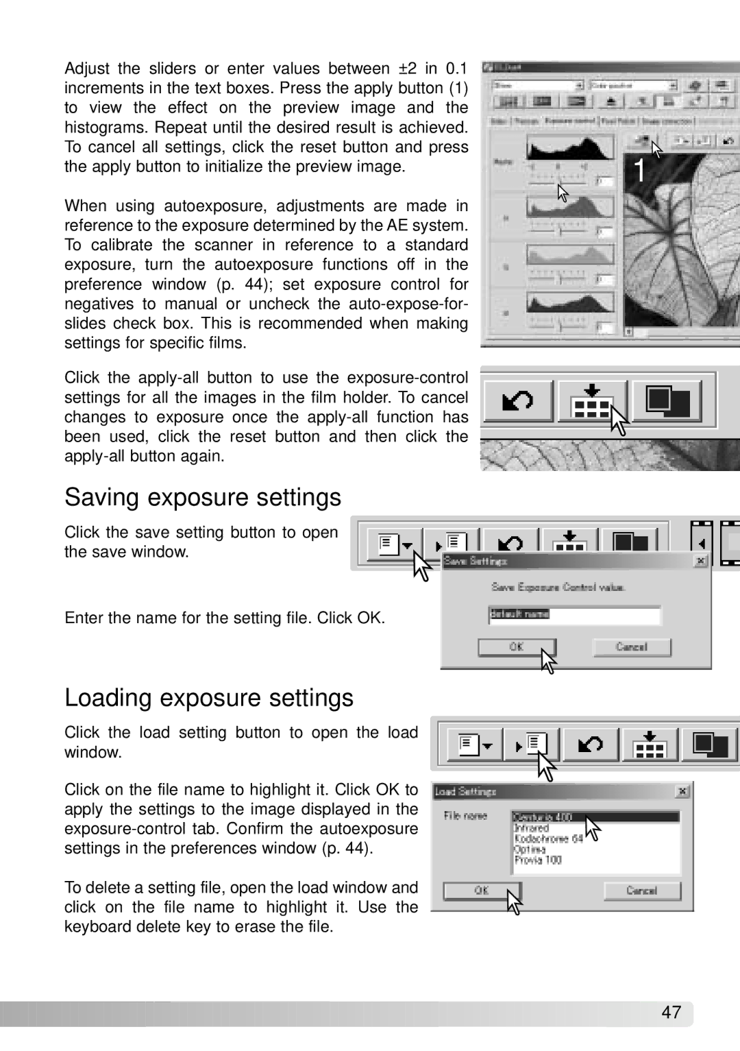 Konica Minolta IV instruction manual Saving exposure settings, Loading exposure settings 