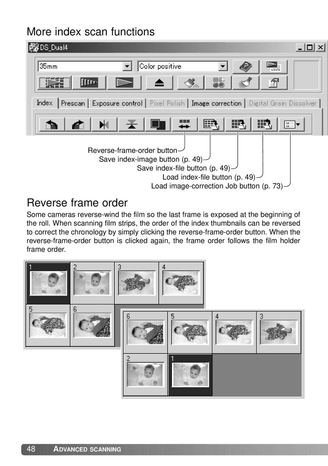 Konica Minolta IV instruction manual More index scan functions, Reverse frame order 