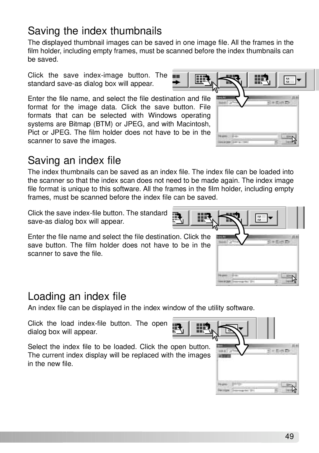 Konica Minolta IV instruction manual Saving the index thumbnails, Saving an index file, Loading an index file 