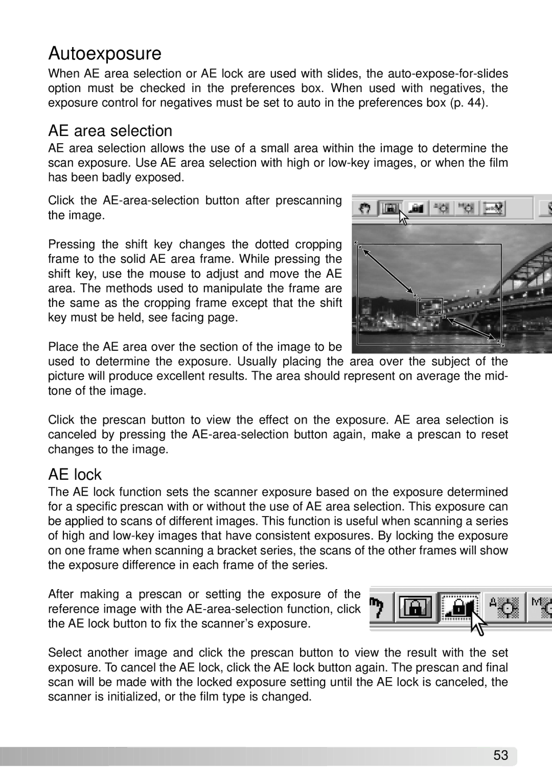 Konica Minolta IV instruction manual Autoexposure, AE area selection 