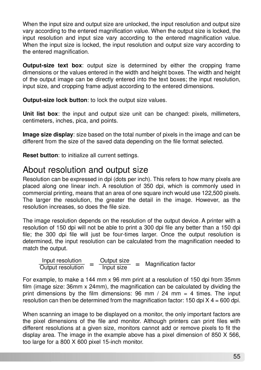 Konica Minolta IV instruction manual About resolution and output size 