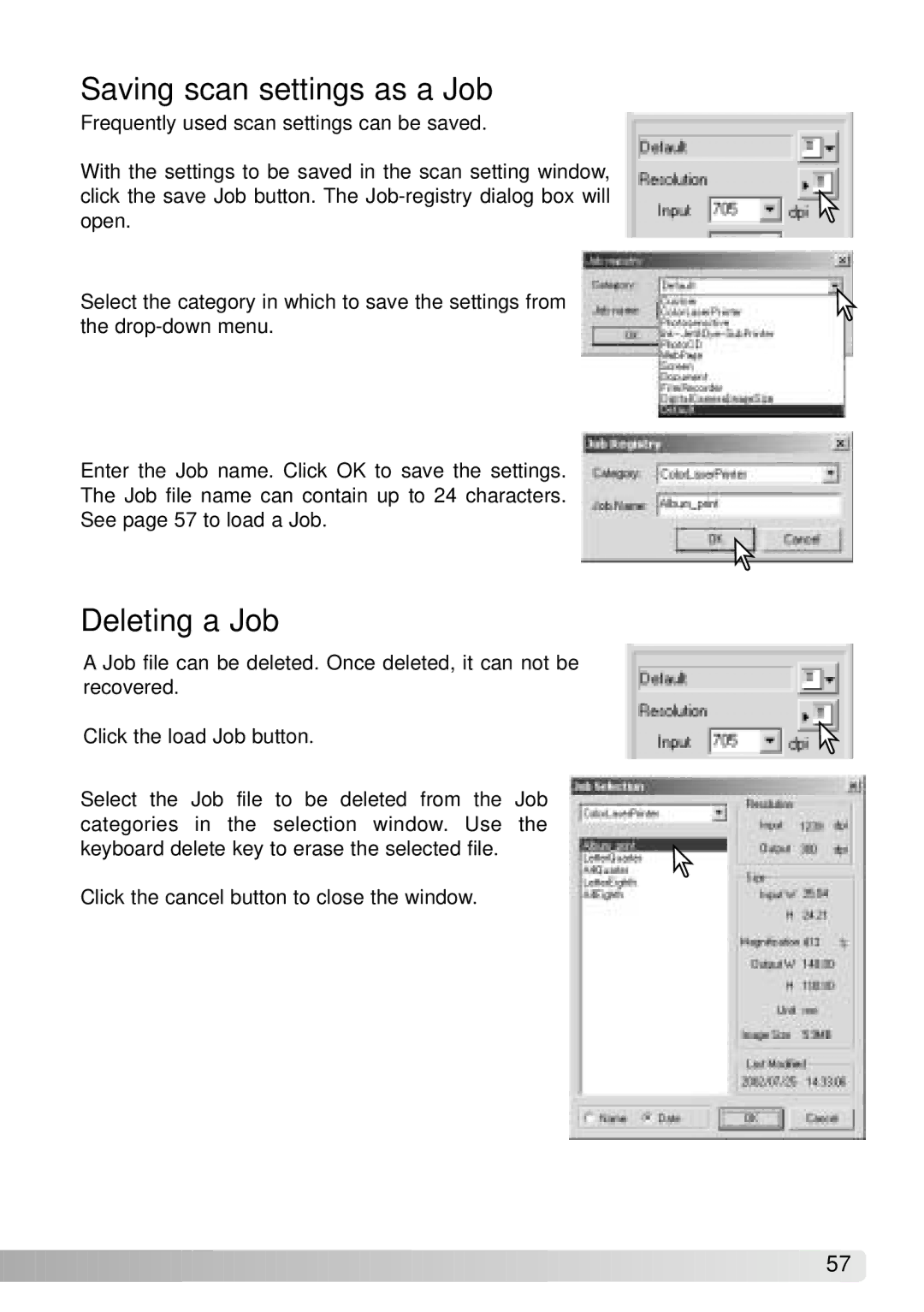 Konica Minolta IV instruction manual Saving scan settings as a Job, Deleting a Job 