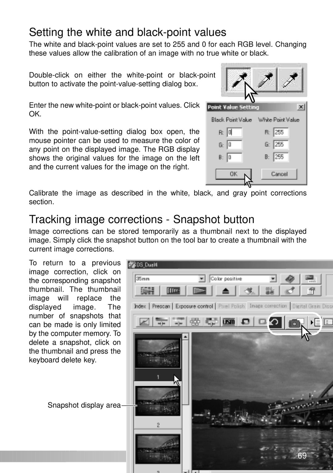 Konica Minolta IV instruction manual Setting the white and black-point values, Tracking image corrections Snapshot button 