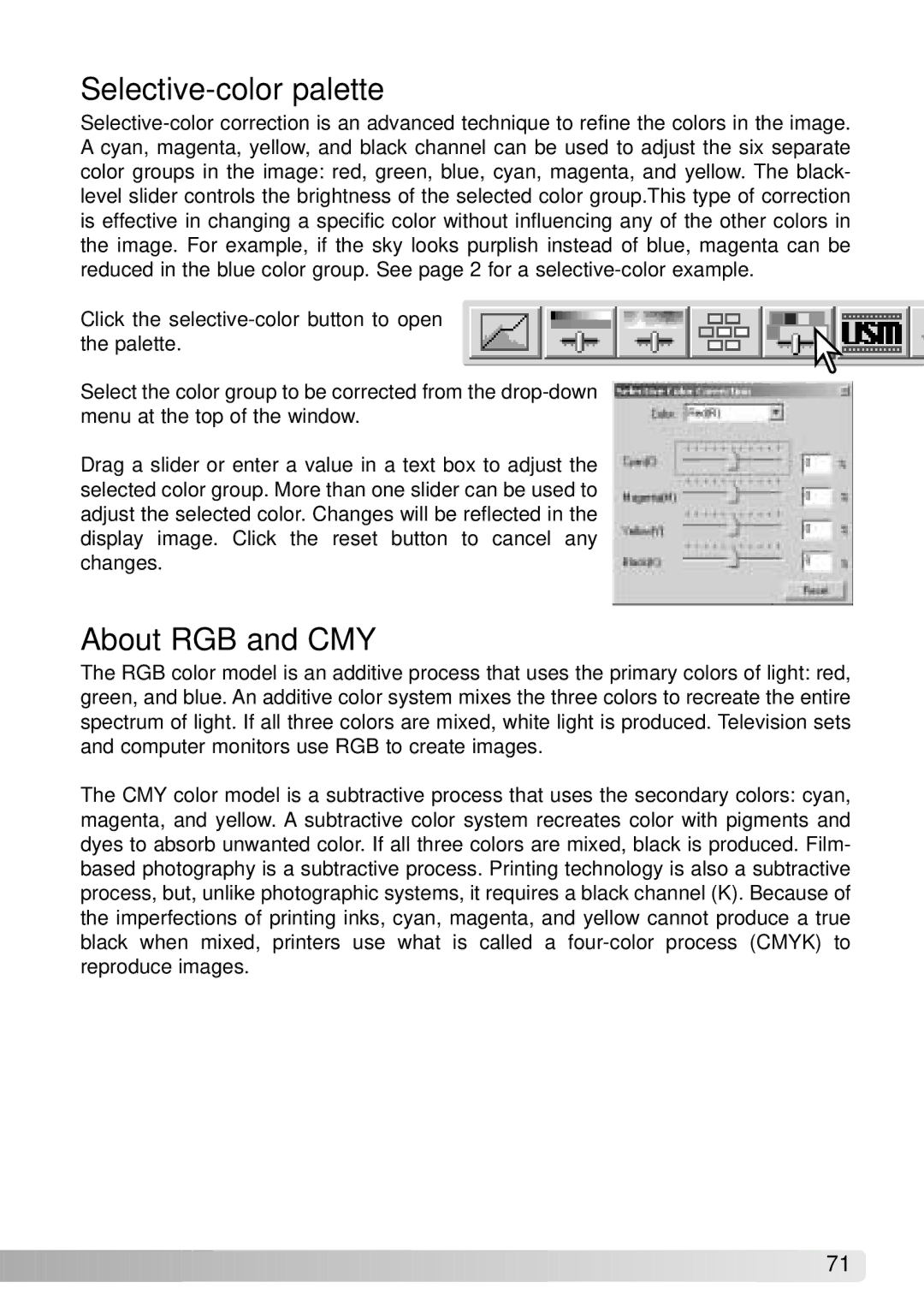 Konica Minolta IV instruction manual Selective-color palette, About RGB and CMY 