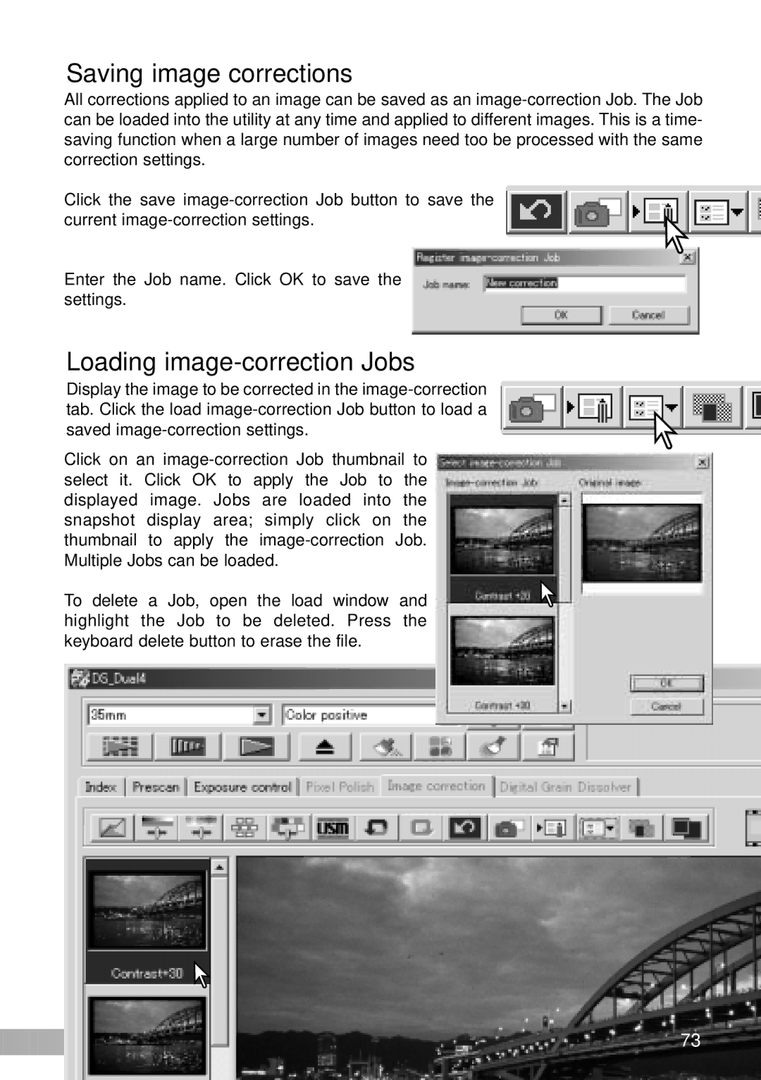 Konica Minolta IV instruction manual Saving image corrections, Loading image-correction Jobs 