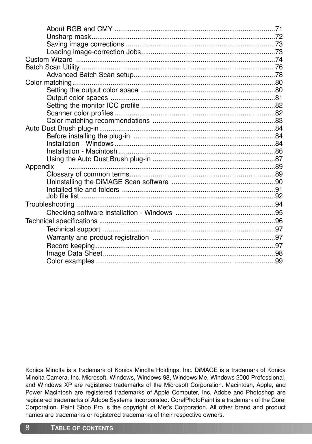 Konica Minolta IV instruction manual Table of Contents 