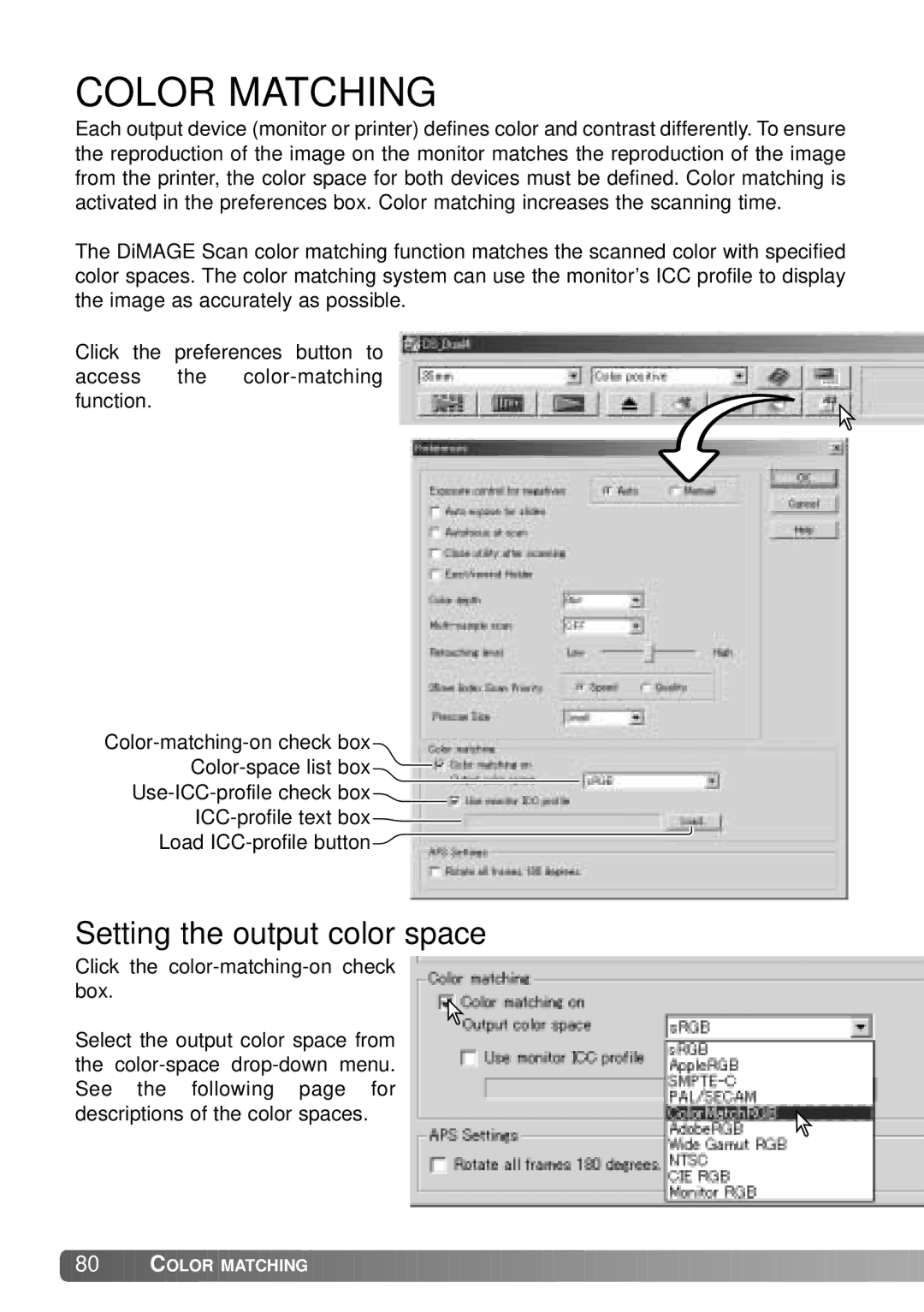 Konica Minolta IV instruction manual Color Matching, Setting the output color space 