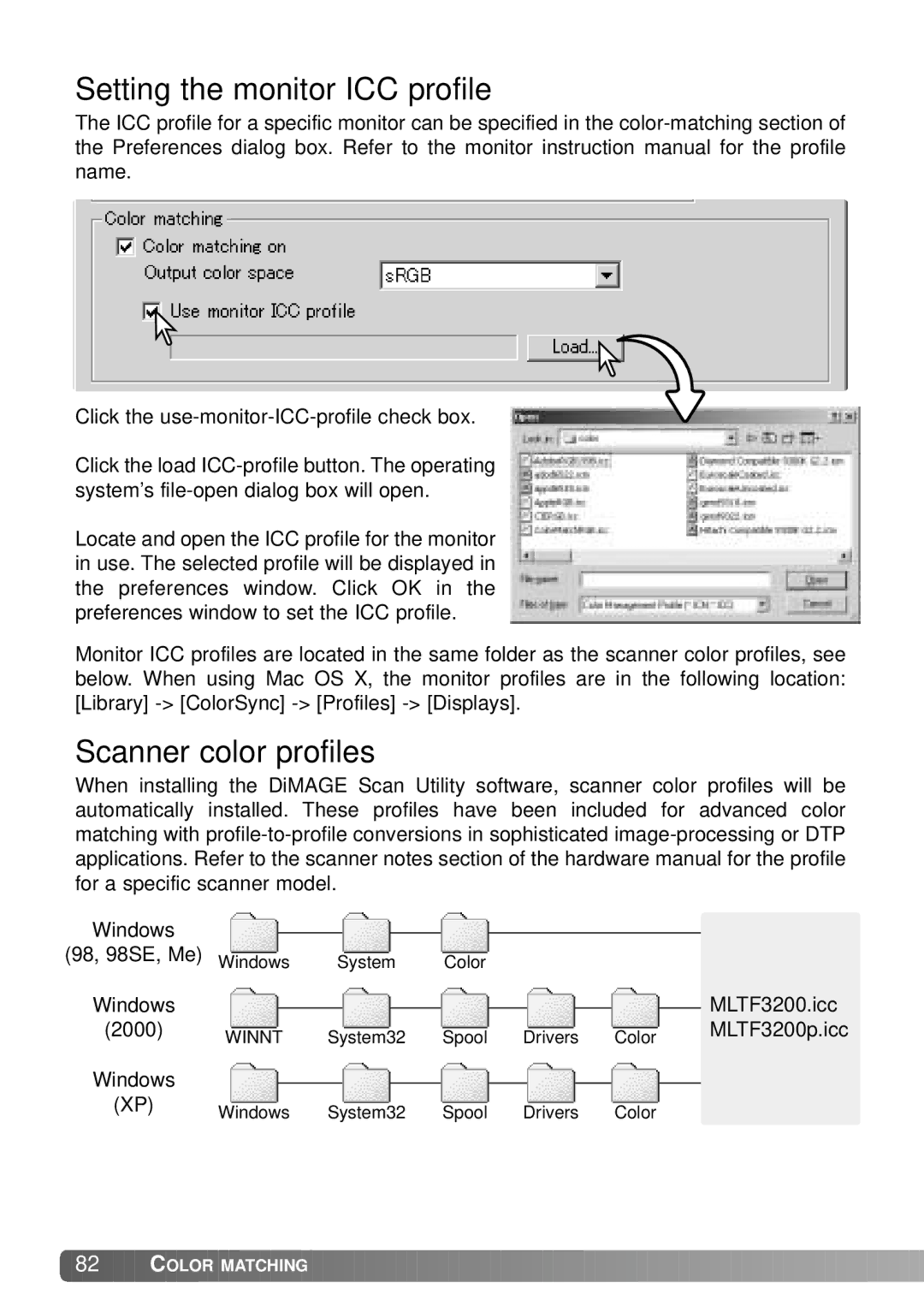 Konica Minolta IV instruction manual Setting the monitor ICC profile, Scanner color profiles 