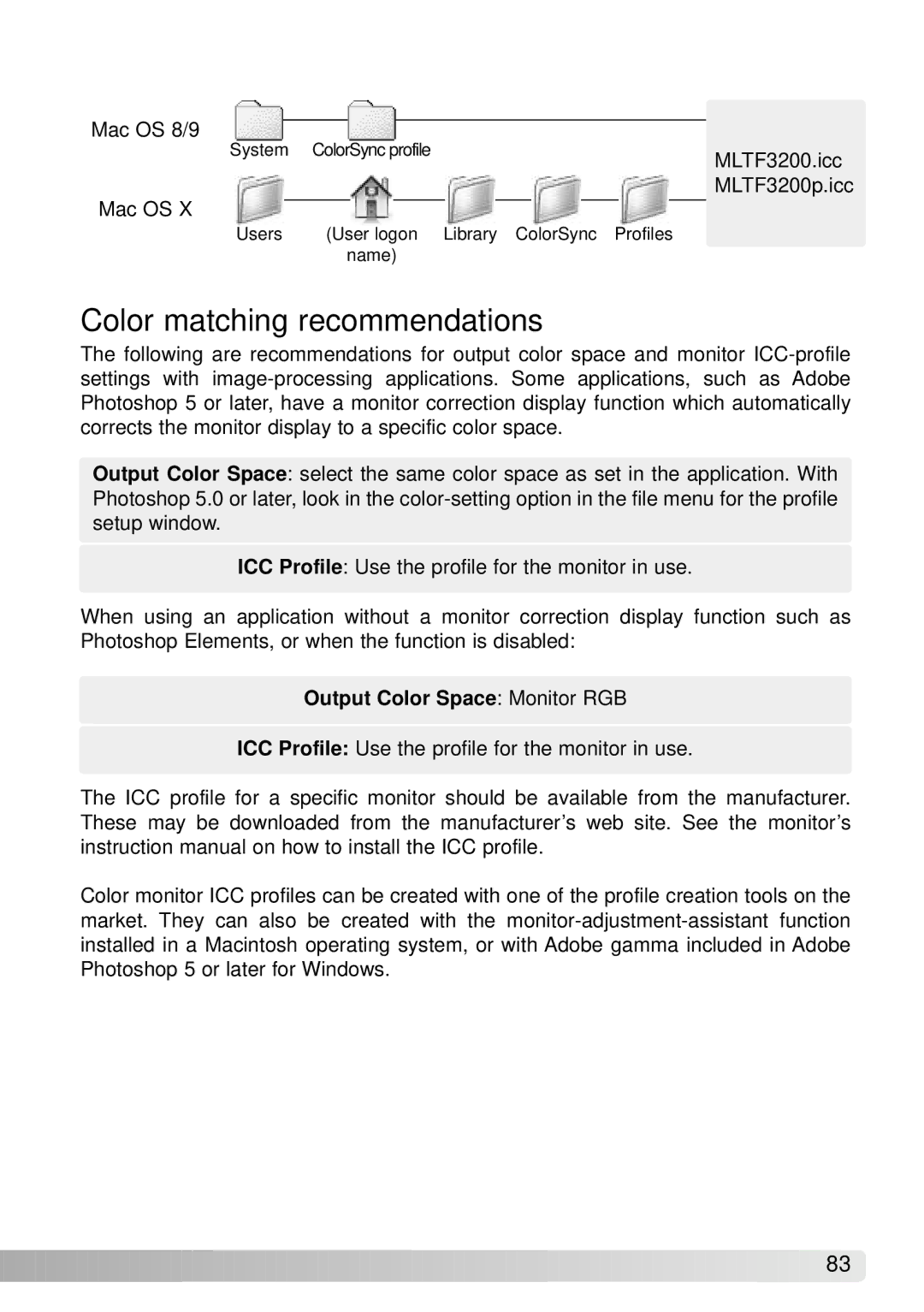 Konica Minolta IV instruction manual Color matching recommendations, Output Color Space Monitor RGB 