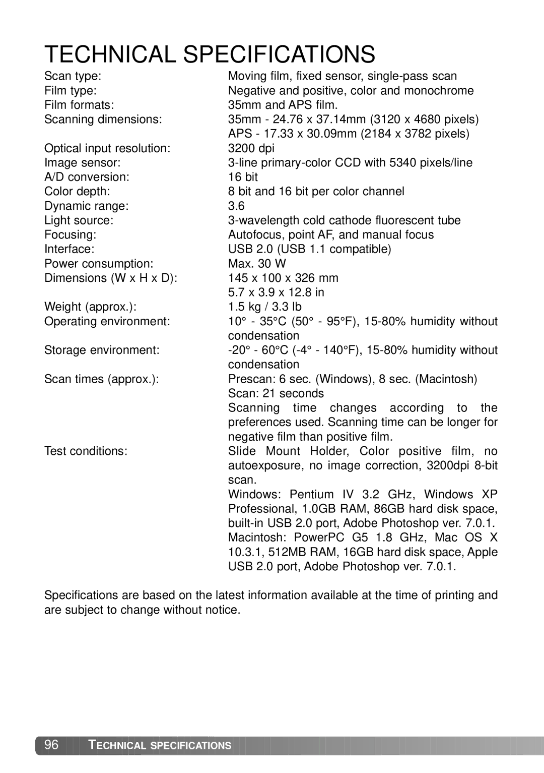 Konica Minolta IV instruction manual Technical Specifications 