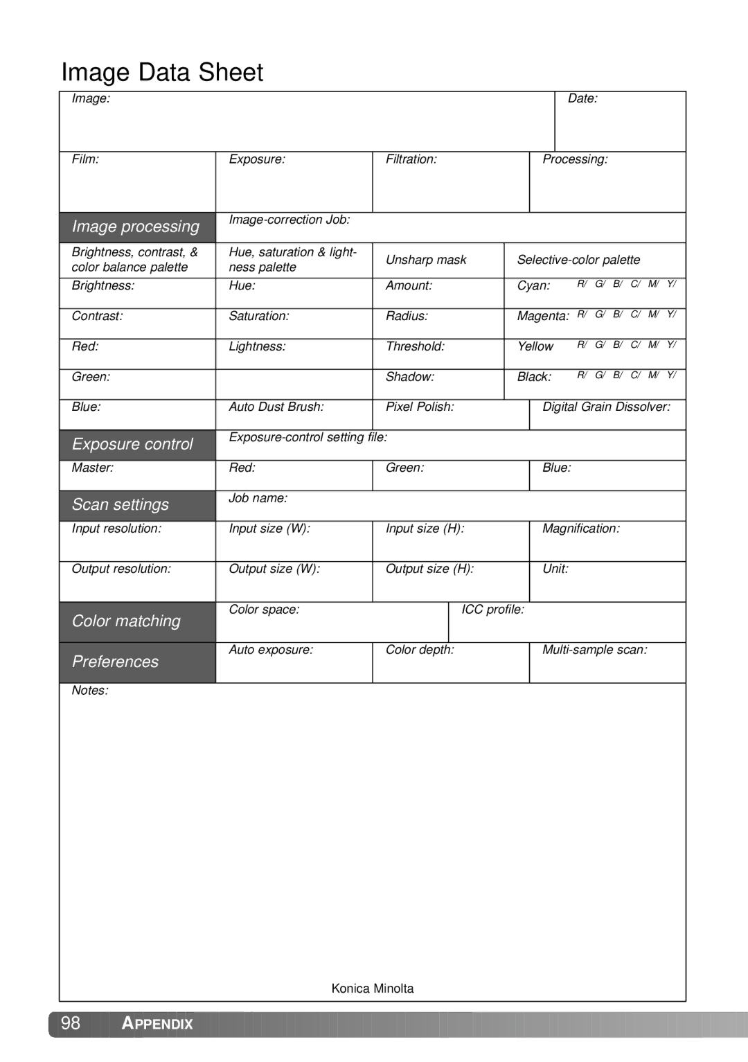 Konica Minolta IV instruction manual Image Data Sheet, Image processing 