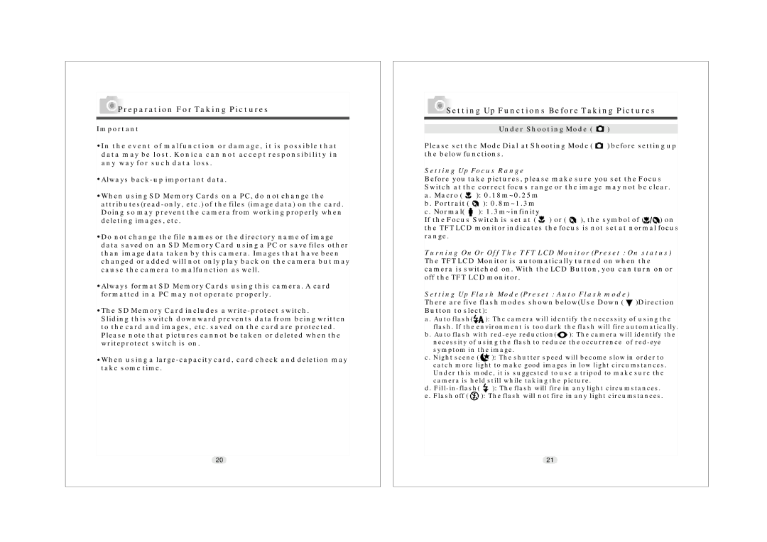 Konica Minolta KD-25 user manual Setting Up Functions Before Taking Pictures, Setting Up Focus Range 