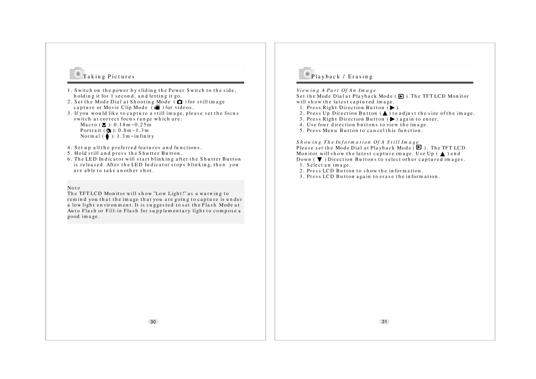 Konica Minolta KD-25 user manual Taking Pictures, Playback / Erasing, Viewing a Part Of An Image 