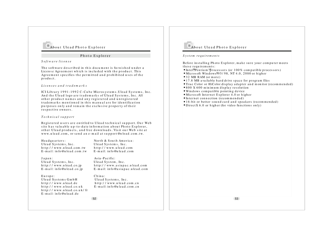 Konica Minolta KD-25 user manual About Ulead Photo Explorer, Software license, Licenses and trademarks, Technical support 