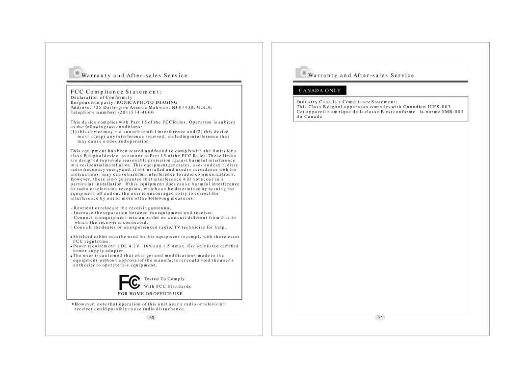 Konica Minolta KD-25 user manual Warranty and After-sales Service FCC Compliance Statement, For Home or Office USE 