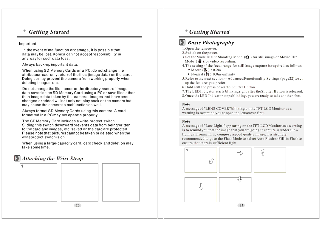 Konica Minolta KD-30M user manual Getting Started, Attaching the Wrist Strap, Basic Photography 