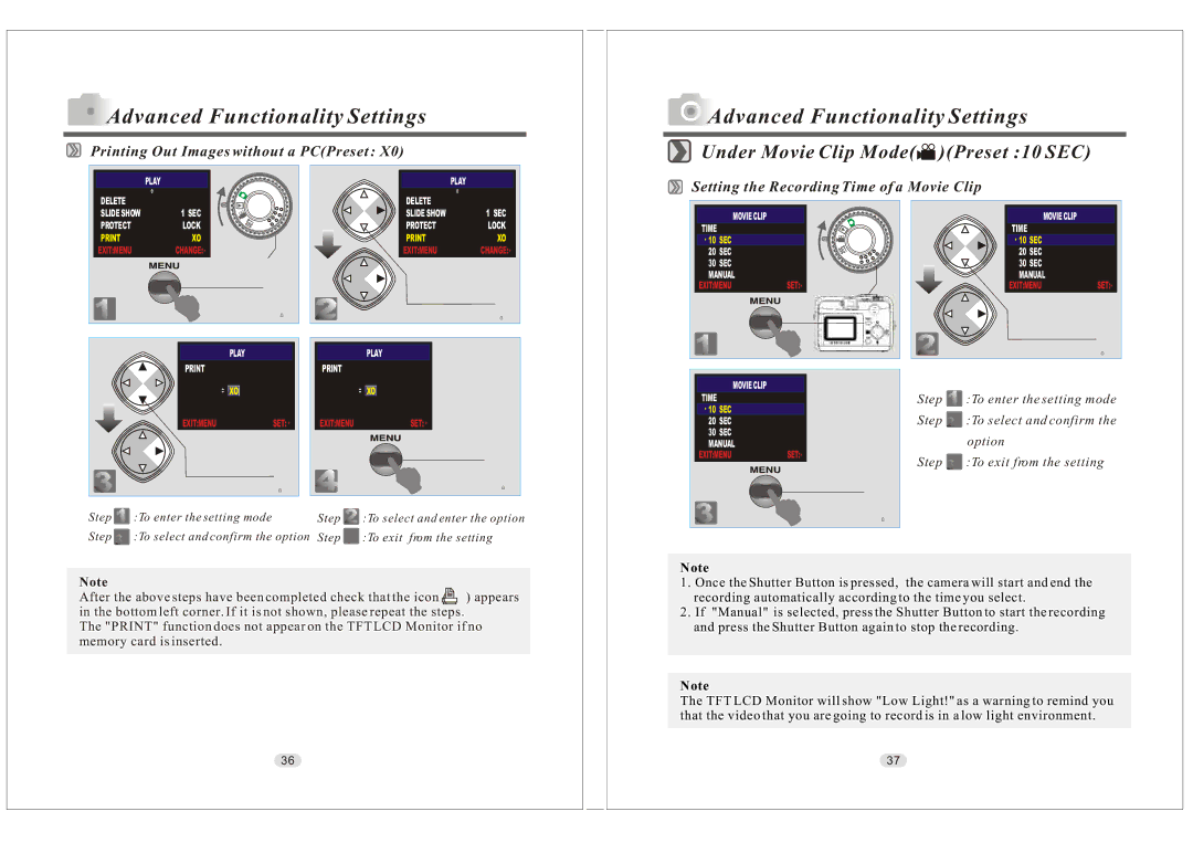 Konica Minolta KD-30M user manual Printing Out Images without a PCPreset, Setting the Recording Time of a Movie Clip 