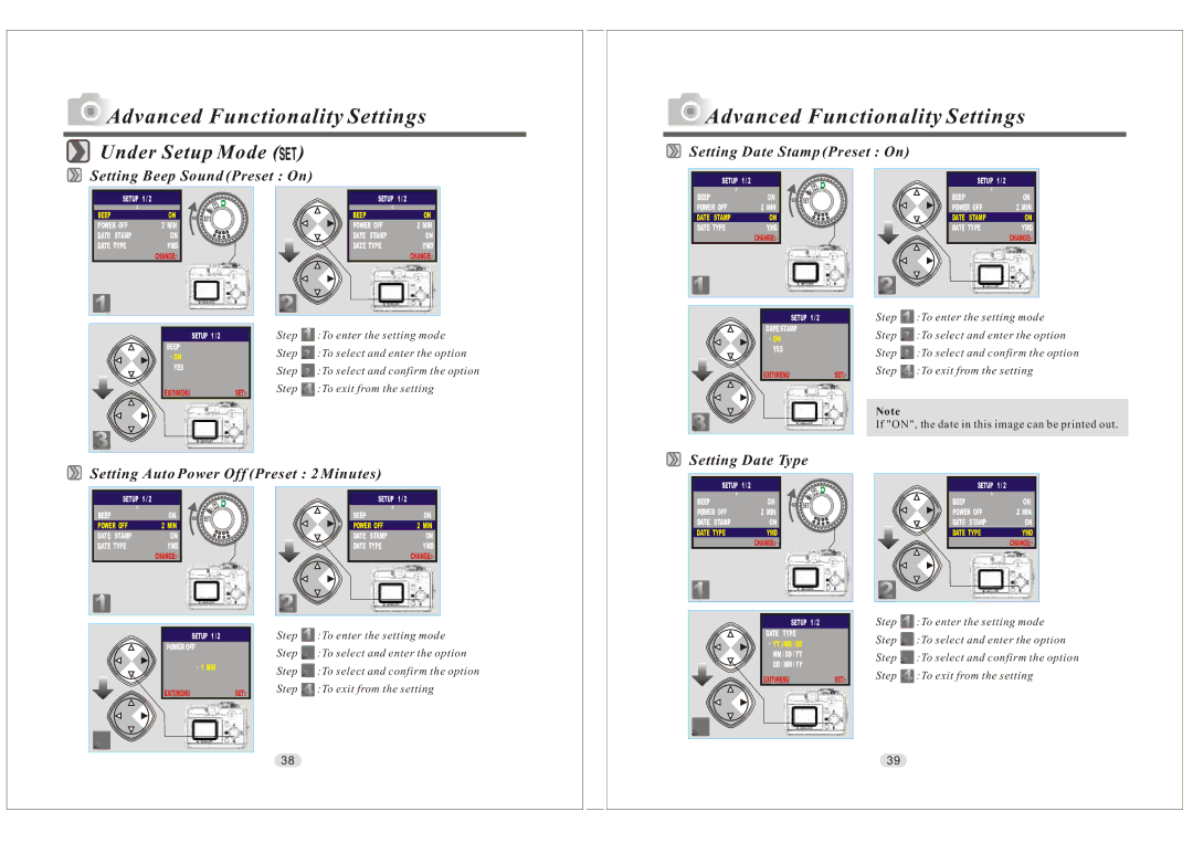 Konica Minolta KD-30M user manual Under Setup Mode, Setting Beep Sound Preset On, Setting Date Stamp Preset On 