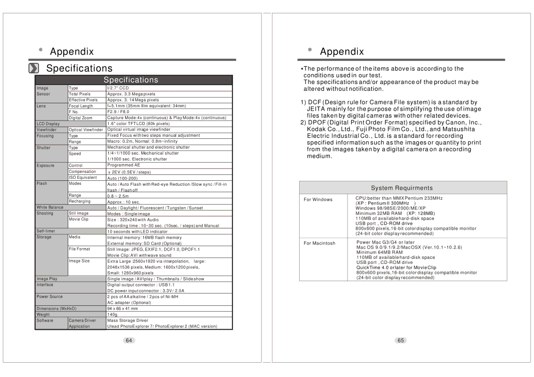 Konica Minolta KD-30M user manual Appendix Specifications 