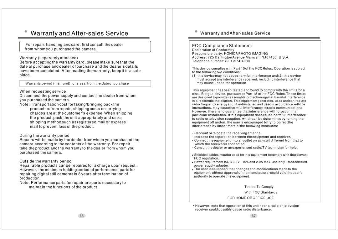 Konica Minolta KD-30M user manual Warranty and After-sales Service FCC Compliance Statement 