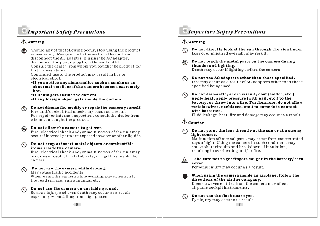 Konica Minolta KD-30M user manual Do not dismantle, modify or repair the camera yourself 