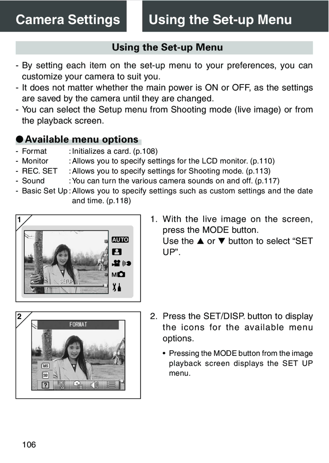 Konica Minolta KD-420Z user manual Camera Settings Using the Set-up Menu 