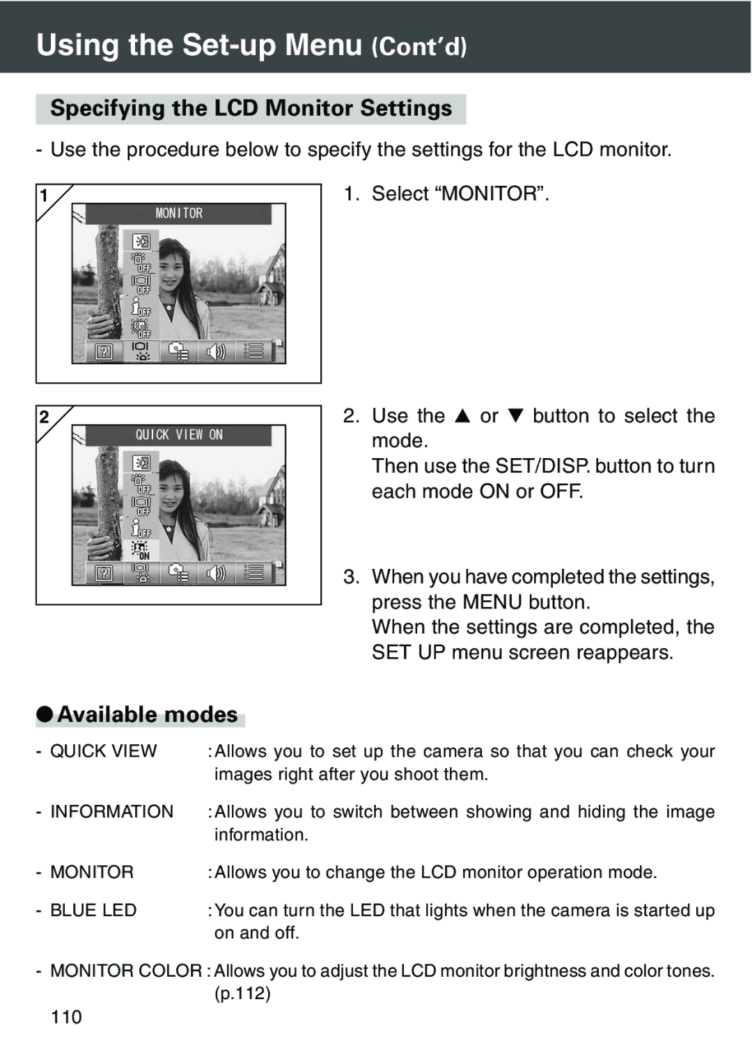 Konica Minolta KD-420Z user manual Specifying the LCD Monitor Settings, Quick View 