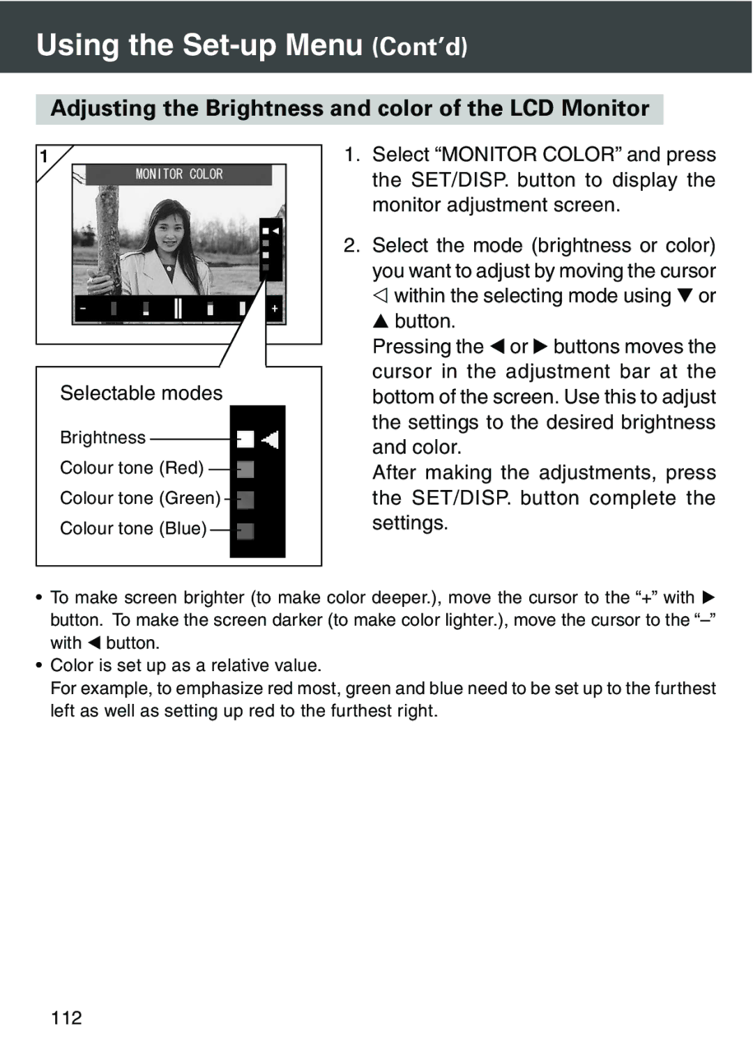 Konica Minolta KD-420Z user manual Adjusting the Brightness and color of the LCD Monitor 