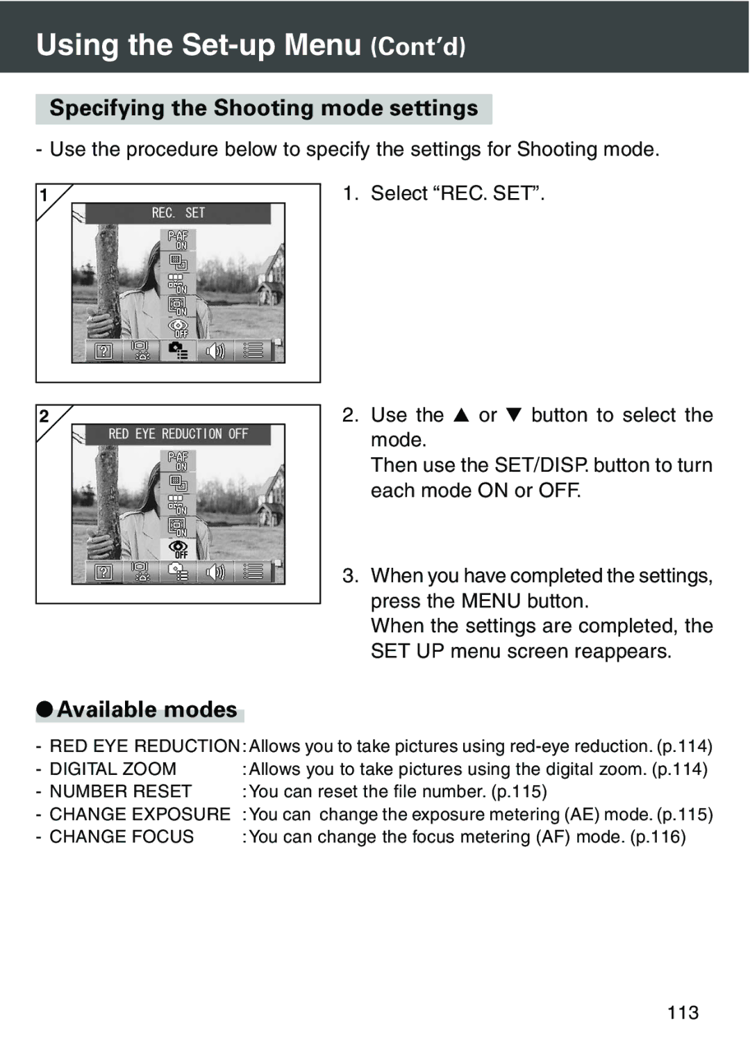 Konica Minolta KD-420Z user manual Specifying the Shooting mode settings, Available modes 