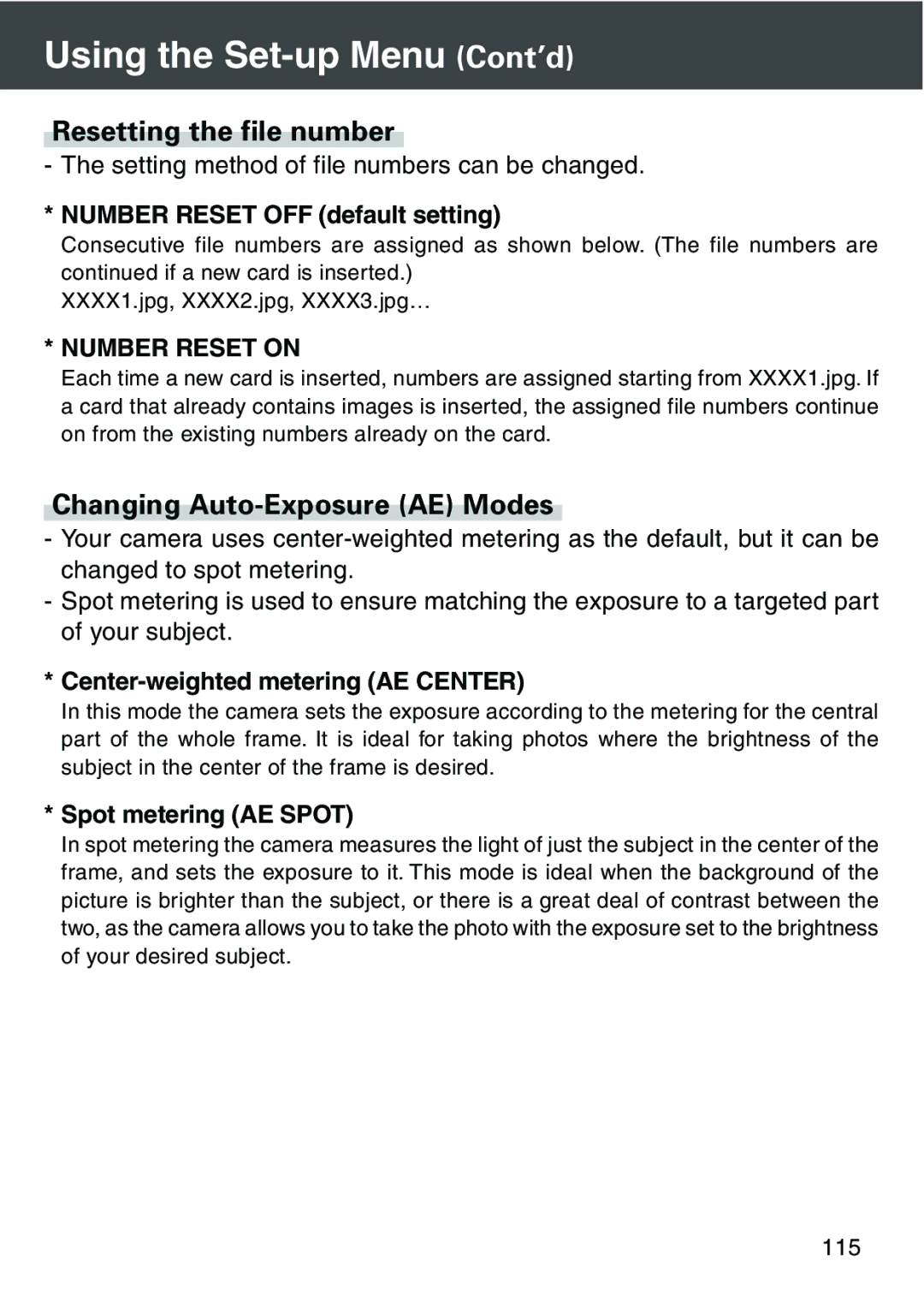 Konica Minolta KD-420Z Resetting the file number, Changing Auto-Exposure AE Modes, Number Reset OFF default setting 