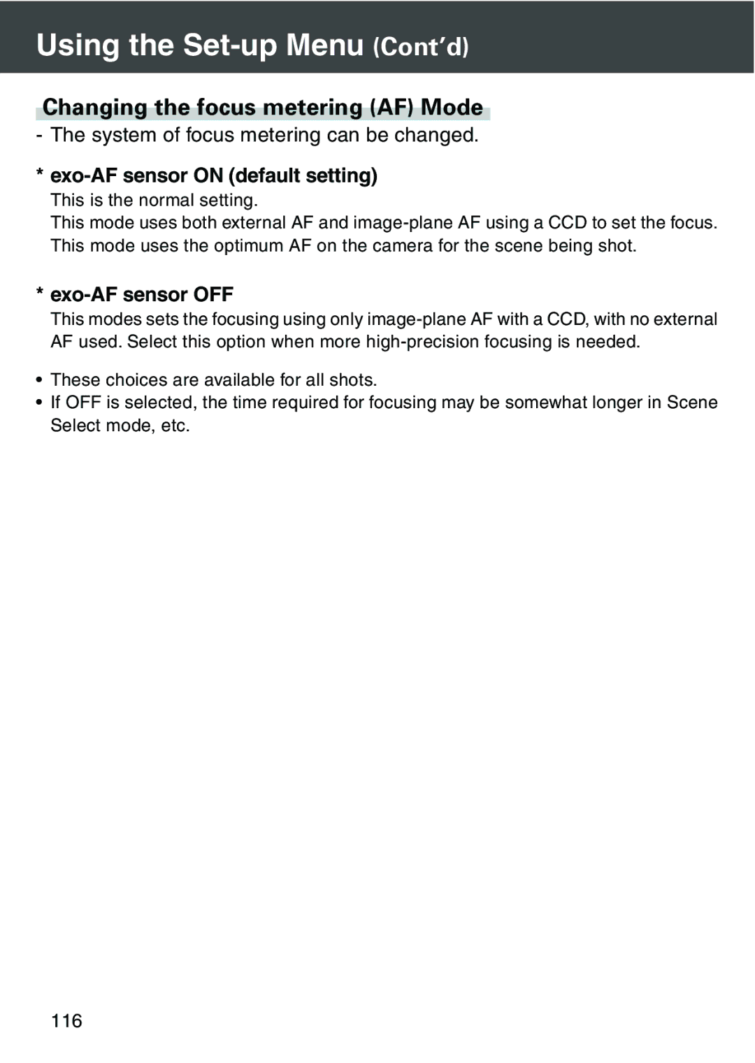 Konica Minolta KD-420Z user manual Changing the focus metering AF Mode, Exo-AF sensor on default setting, Exo-AF sensor OFF 