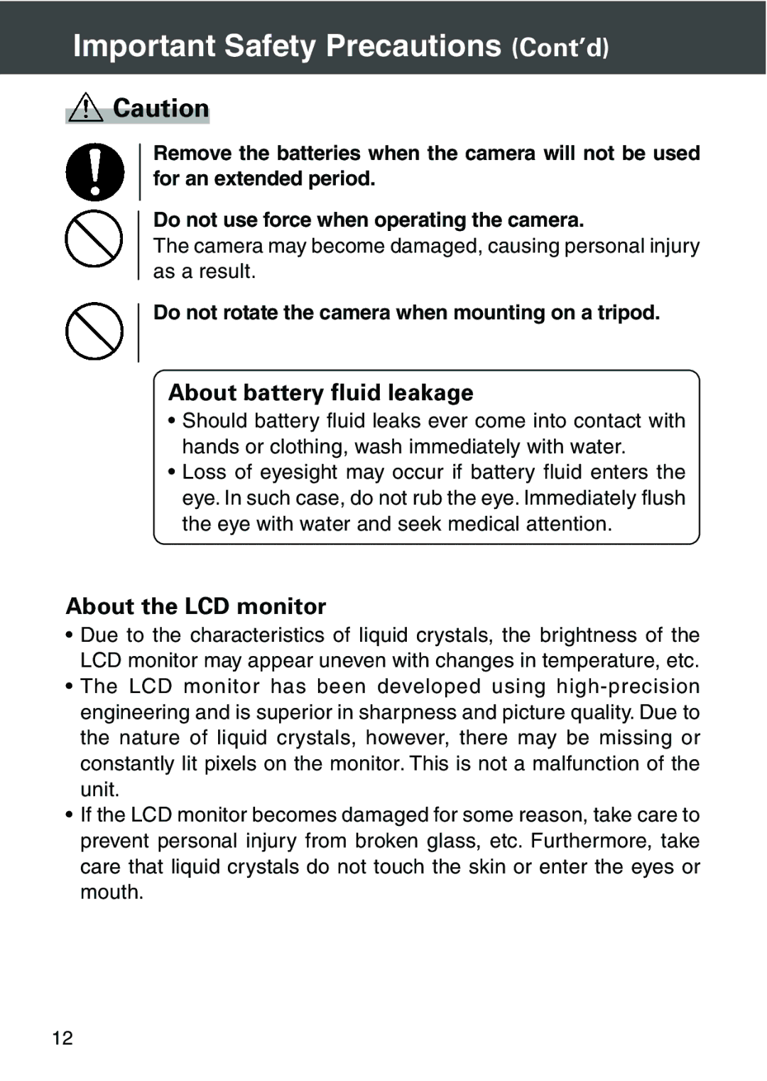 Konica Minolta KD-420Z user manual About battery fluid leakage, About the LCD monitor 