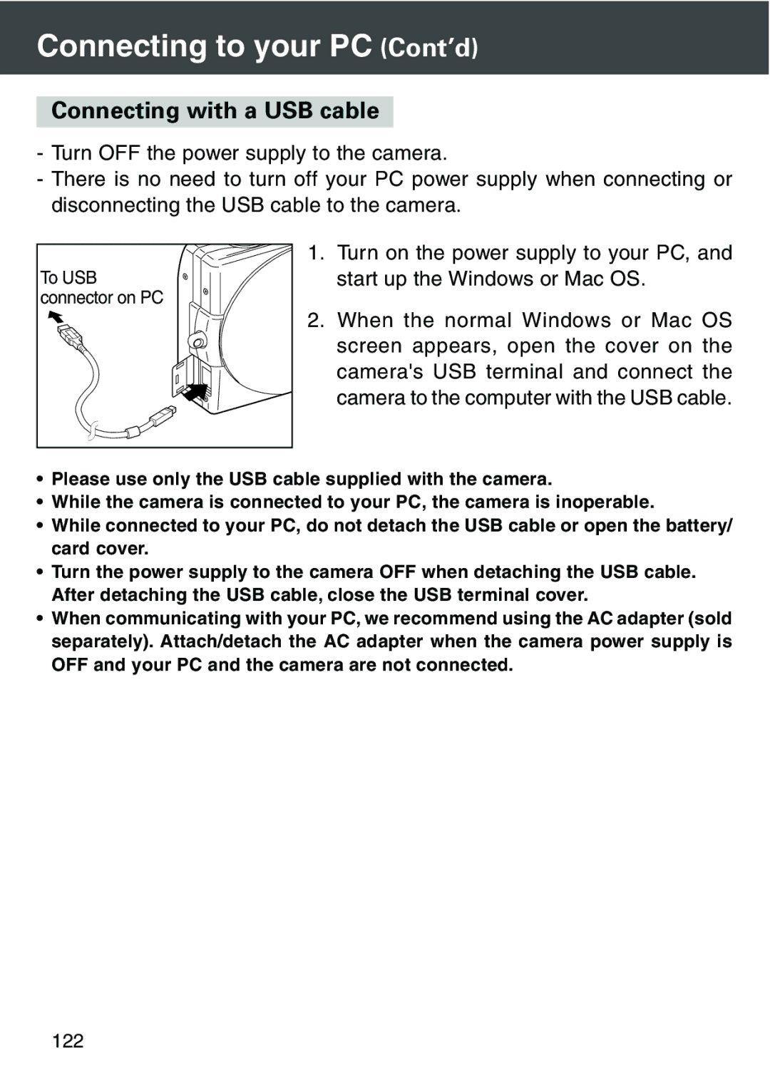 Konica Minolta KD-420Z user manual Connecting to your PC Cont’d, Connecting with a USB cable 