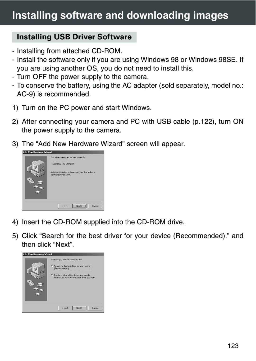 Konica Minolta KD-420Z user manual Installing software and downloading images, Installing USB Driver Software 