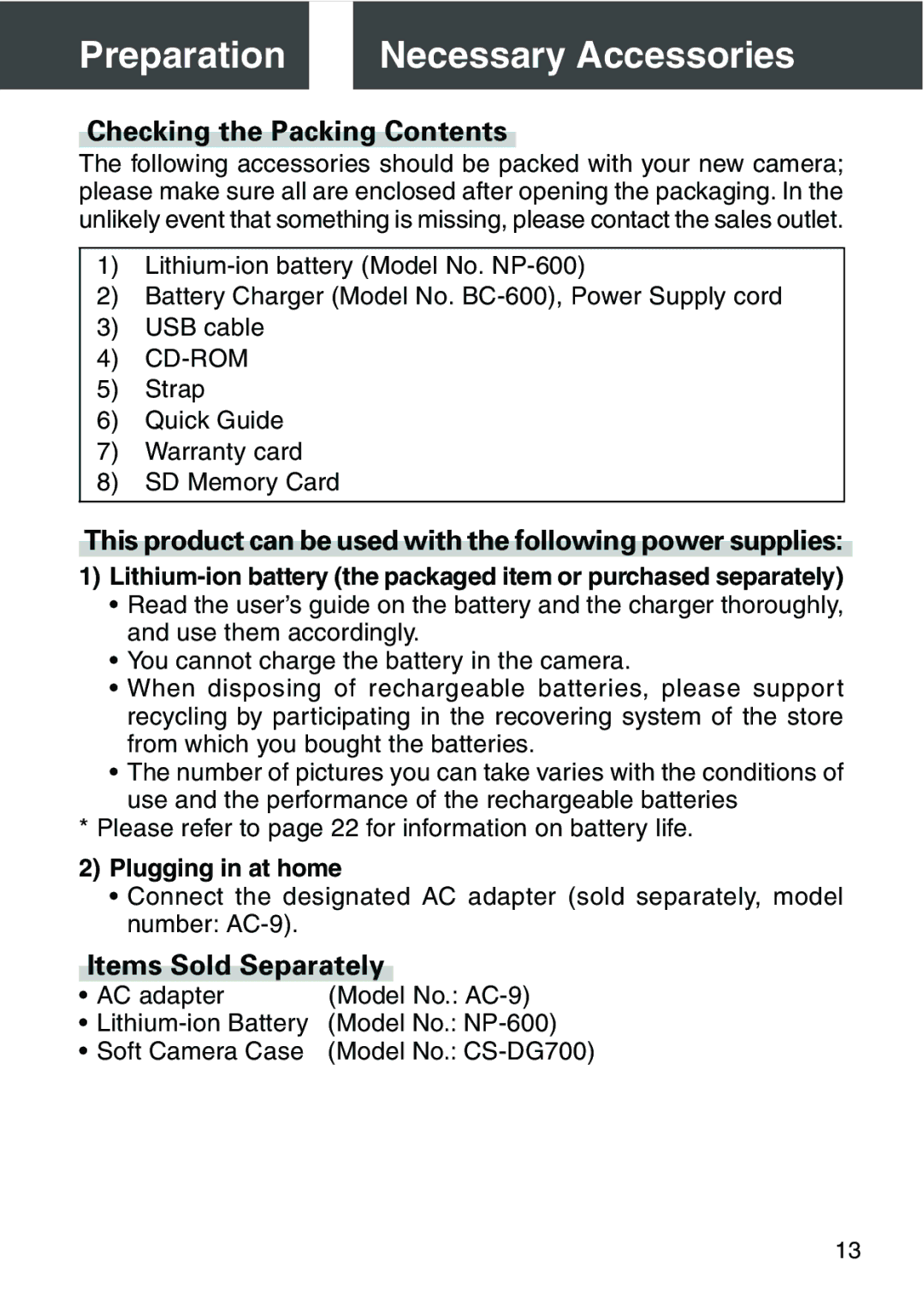 Konica Minolta KD-420Z user manual Preparation Necessary Accessories, Checking the Packing Contents, Items Sold Separately 