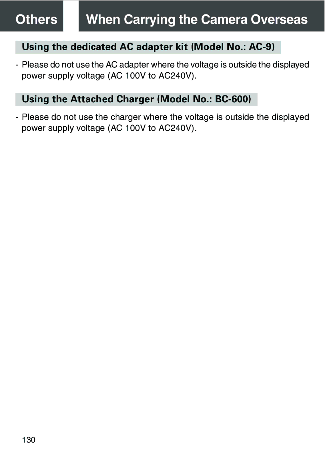 Konica Minolta KD-420Z Others When Carrying the Camera Overseas, Using the dedicated AC adapter kit Model No. AC-9 