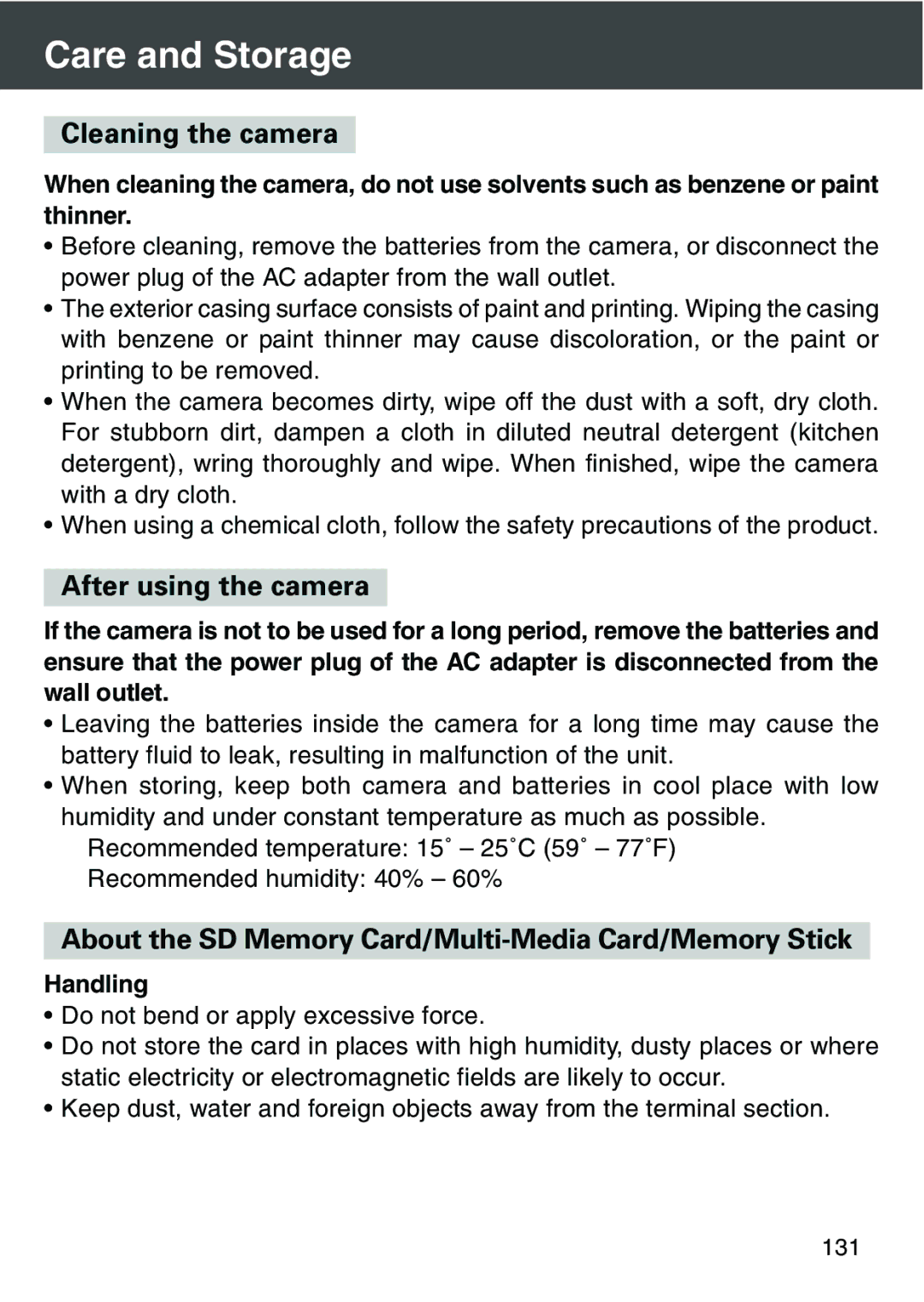 Konica Minolta KD-420Z user manual Care and Storage, Cleaning the camera, After using the camera, Handling 