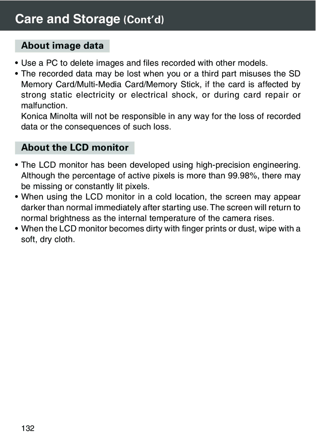 Konica Minolta KD-420Z user manual Care and Storage Cont’d, About image data 